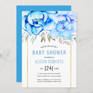 Invitation Aqua aquarelle fleurs baby shower garçon fleuri