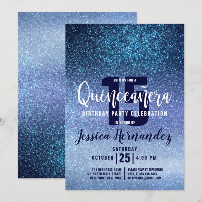 Invitation Aqua Baby Blue Triple Parties scintillant Ombre Qu (Devant / Derrière)