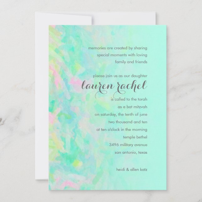 Invitation Aqua bat mitzvah et design rose (Devant)
