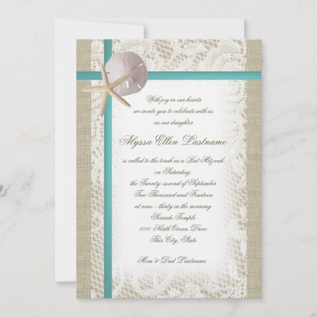Invitation Aqua Beach Burlap et Lace Bat mitzvah (Devant)