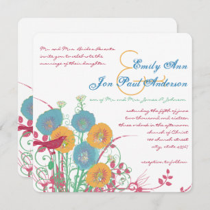 Invitation Aqua Beeswax Raspberry Wild Flower Bird Wedding