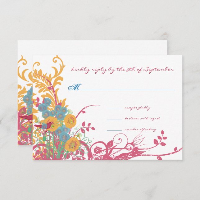 Invitation Aqua Beeswax Raspberry Wild Flower Mariage (Devant / Derrière)