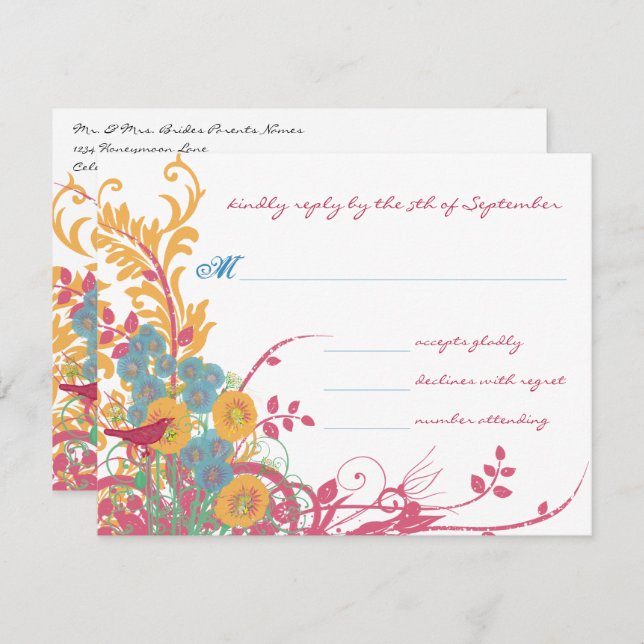 Invitation Aqua Beeswax Raspberry Wild Flower Mariage (Devant / Derrière)