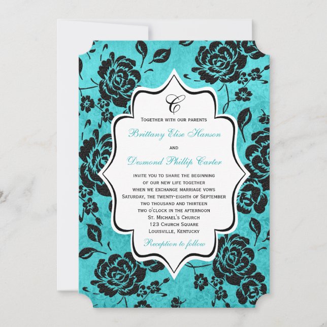 Invitation Aqua Black White Floral Mariage damassé (Devant)