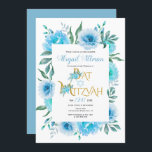 Invitation Aqua bleu aquarelle fleurs Bat mitzvah<br><div class="desc">Aqua bleu aquarelle fleurs florales Bat mitzvah Invitation. Ce bel invitation présente une bordure florale en fleurs de cactus bleues,  le texte "Bat mitzvah" en or dans une police décorative et votre texte.</div>