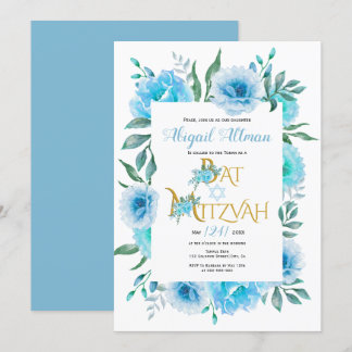 Invitation Aqua bleu aquarelle fleurs Bat mitzvah