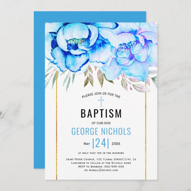 Invitation Aqua bleu aquarelle fleurs fleuris garçon floral B (Devant / Derrière)