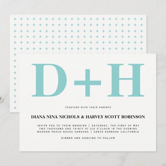 Invitation Aqua bleu, blanc initiales audacieuses typographie (Devant / Derrière)