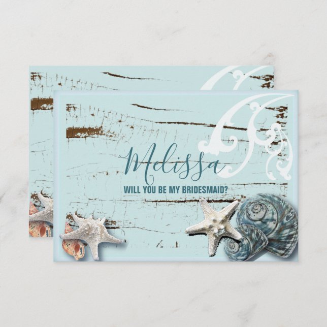 Invitation aqua bleu coquillage serez-vous ma demoiselle d'ho (Devant / Derrière)