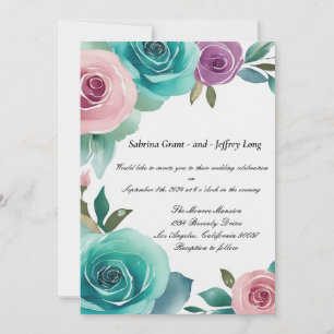 Invitation Aqua bleu et rose aquarelle Rose Mariage Floral