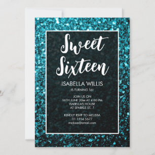 Invitation Aqua bleu étincelle Sweet 16 élégant script