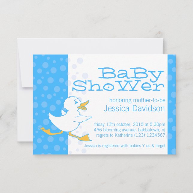 Invitation aqua bleu pour baby shower canard migno (Devant)