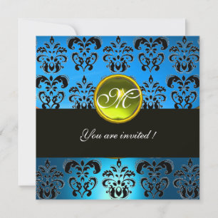 Invitation AQUA BLUE BLACK DAMASK MONOGRAM, topaz jaune