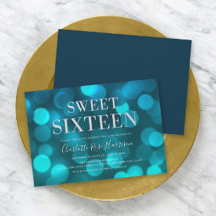 Invitation Aqua Blue Bokeh Lights Sweet sixteen Anniversaire