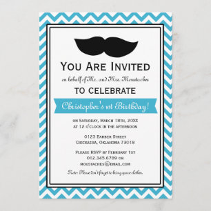Invitation Aqua Blue Boy Mustache Chevron