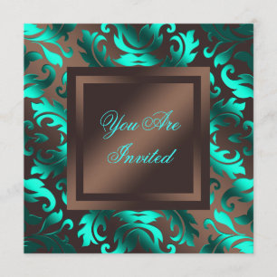 Invitation Aqua Blue Chocolat Brown Damask Party