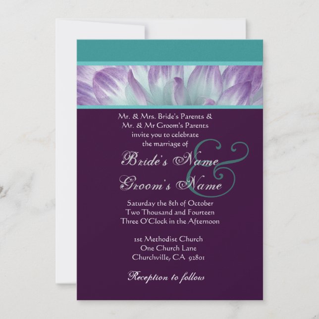 Invitation Aqua Blue Dahlia Petals Mariage Metallic v2 (Devant)