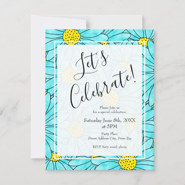 Invitation Aqua Blue Daisy Abastract Motif (Devant)