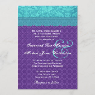 Invitation Aqua Blue Damask et Purple Mariage A05