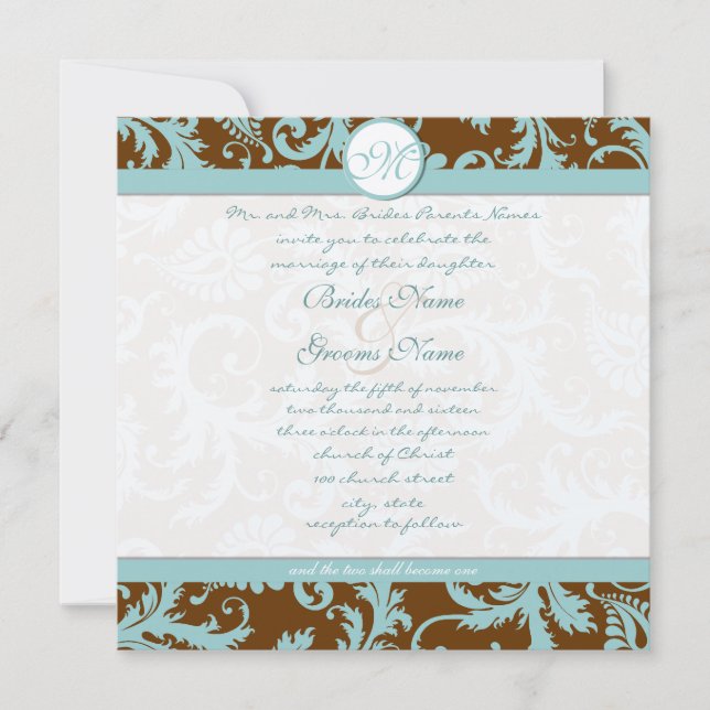 Invitation Aqua Blue Damask sur Brown Christine Mariage (Devant)