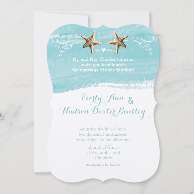 Invitation Aqua Blue Destination Beach Starfish Mariage (Devant)