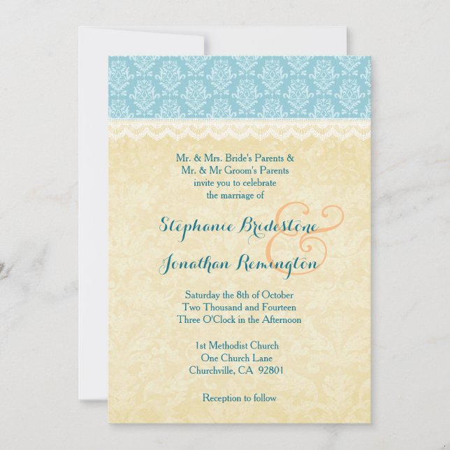 Invitation Aqua Blue et Gold Damask avec Mariage en dentelle  (Devant)