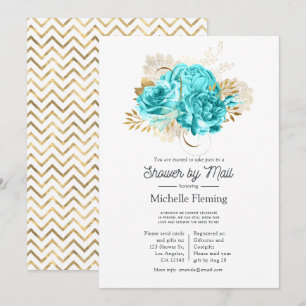 Invitation Aqua Blue et Gold Floral Douche par courrier