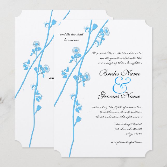 Invitation Aqua Blue Fleur sauvage Branche Mariage rustique (Devant / Derrière)