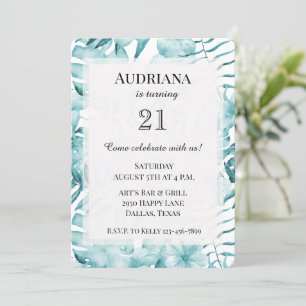 Invitation Aqua Blue Floral Feuille Tropical Anniversaire