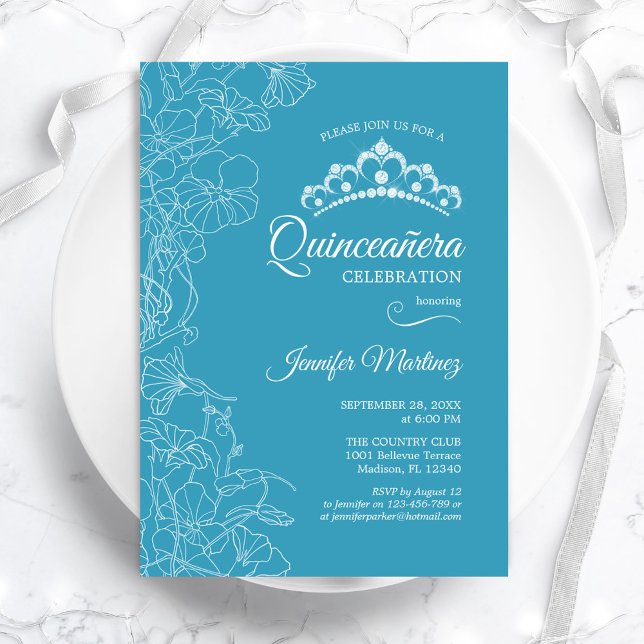 Invitation Aqua Blue Floral Quinceanera Party (Créateur téléchargé)