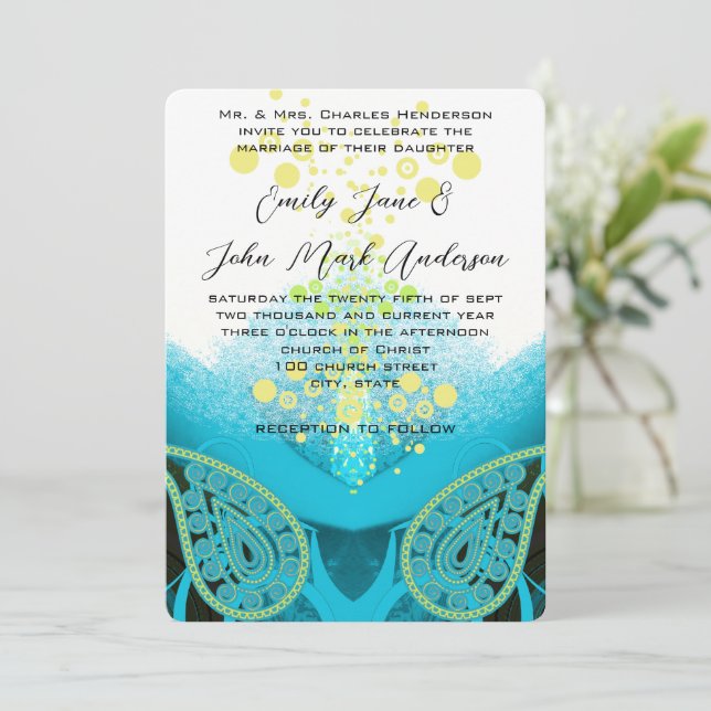 Invitation Aqua Blue Fuchsia, Lime Paisley Calla Lily (Debout devant)