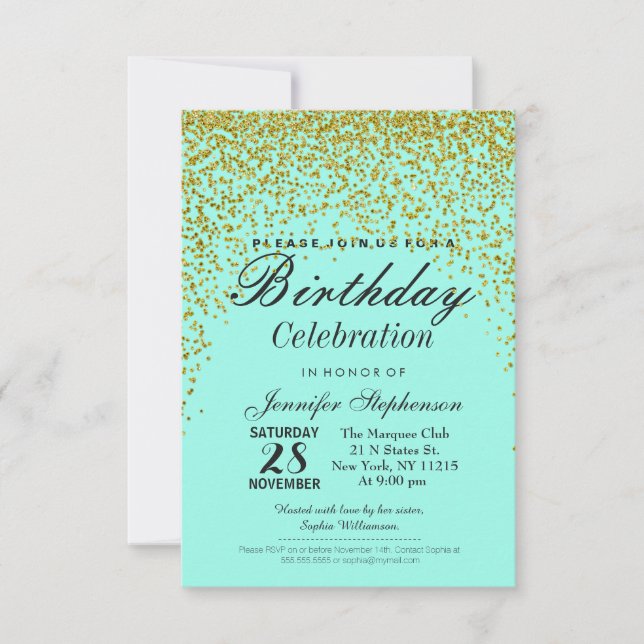 Invitation Aqua Blue Gold Parties scintillant Confetti fête d (Devant)