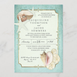 Invitation Aqua Blue Gold Soll Plage Ocean Shell Starfish