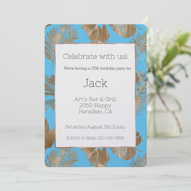 Invitation Aqua Blue Gold Tropical Feuille Anniversaire (Debout devant)