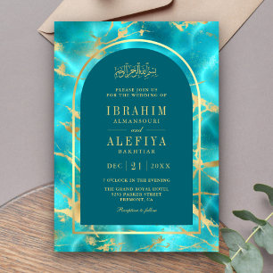Invitation Aqua Blue Gold Water Arch Mariage musulman