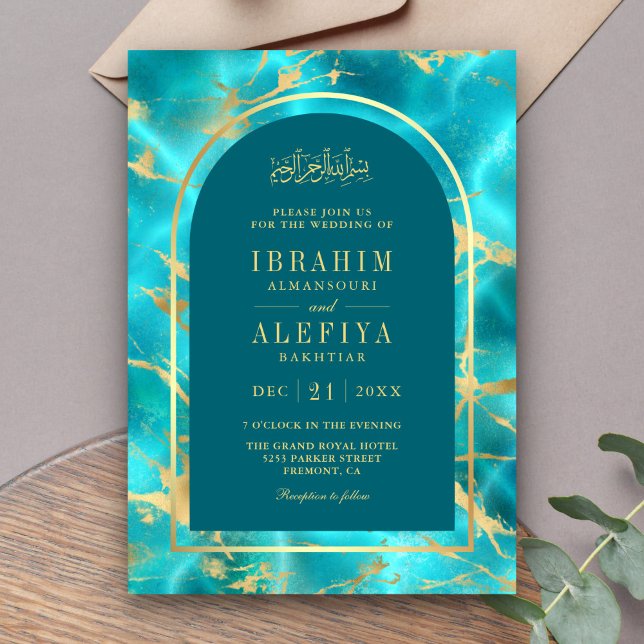Invitation Aqua Blue Gold Water Arch Mariage musulman (Créateur téléchargé)