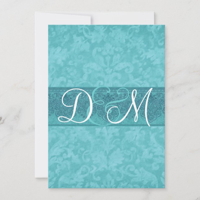 Invitation Aqua Blue Grunge Mariage damassé (Devant)
