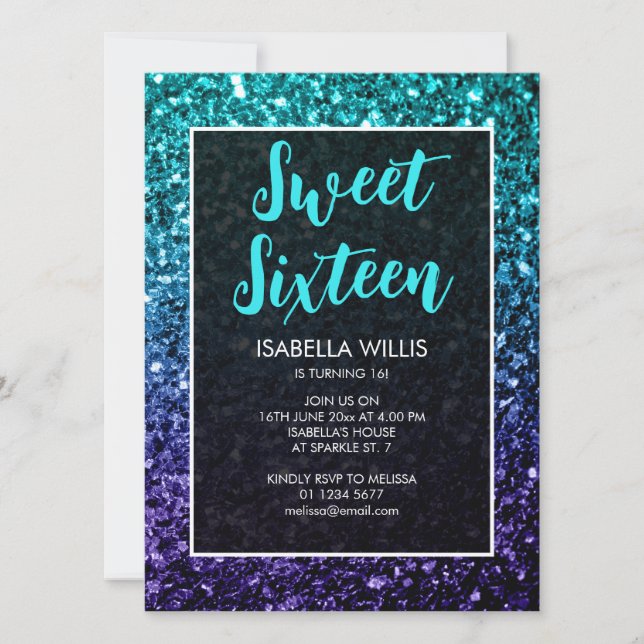 Invitation Aqua blue Ombre scintille Sweet 16 élégant script (Devant)
