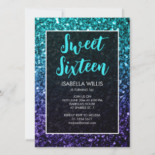 Invitation Aqua blue Ombre scintille Sweet 16 élégant script