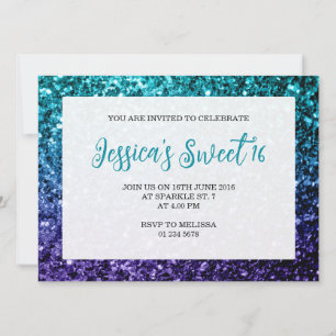 Invitation Aqua blue Ombre scintille Sweet 16 élégant script