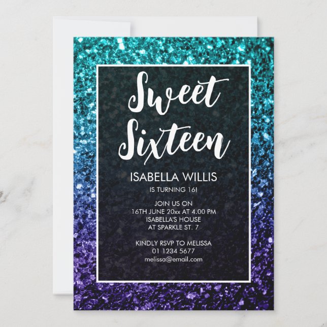 Invitation Aqua blue Ombre scintille Sweet 16 élégant script (Devant)