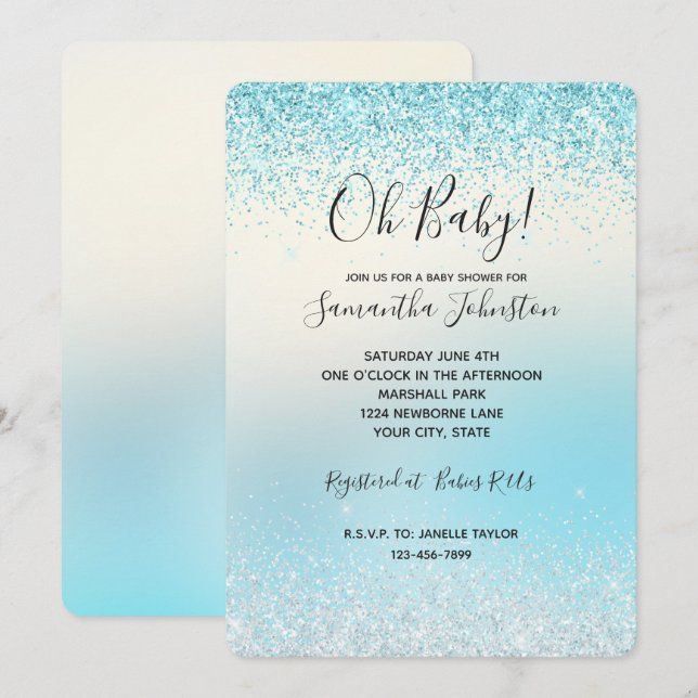 Invitation Aqua Blue Ombre Tie dye Glitzy Sparkle Parties sci (Devant / Derrière)