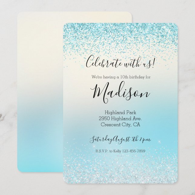 Invitation Aqua Blue Ombre Tie dye Glitzy Sparkle Parties sci (Devant / Derrière)