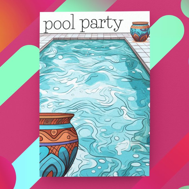 Invitation Aqua Blue Pool Party personnalisable (Customize the back of this summer celebration pool party invitation with clay pots and a pool. )