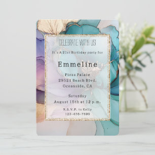 Invitation Aqua Blue Purple Gold Floral Parties scintillant A