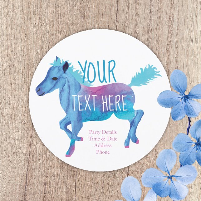 Invitation Aqua Blue Rose Pony Ride Anniversaire Fête Invitat (turquoise blue galloping pony, pony ride birthday party invitation ocean blue aqua aquamarine)