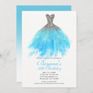 Invitation Aqua Blue Silver Parties scintillant Glam Robe Swe