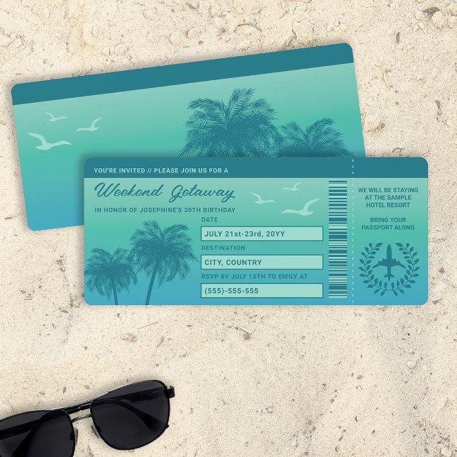 Invitation Aqua Blue Tropical Faux Boarding Pass Anniversaire (Ideal for weekend getaways, tropical bachelorette trips, destination birthday party trips etc.)