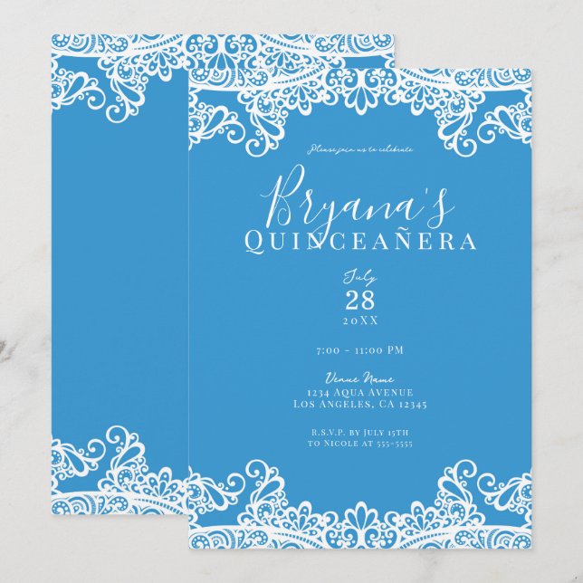 Invitation Aqua Blue & White Lace Elegant Quinceañera Party (Devant / Derrière)