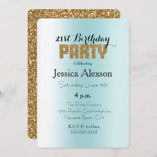 Invitation Aqua Blue White Ombre Gold Parties scintillant